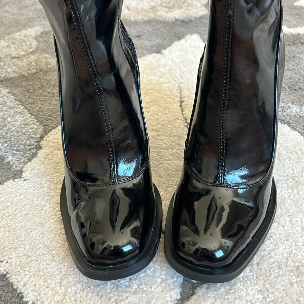 Black Knee High Block Heel Sock Boot - Picture 14 of 15